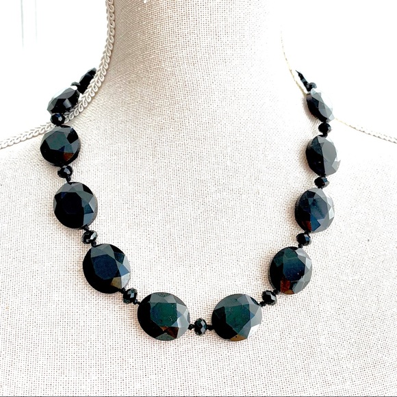 Vintage Necklace Round Faceted Black Glass Bead Stone Adjustable Dark Academia - Picture 2 of 4
